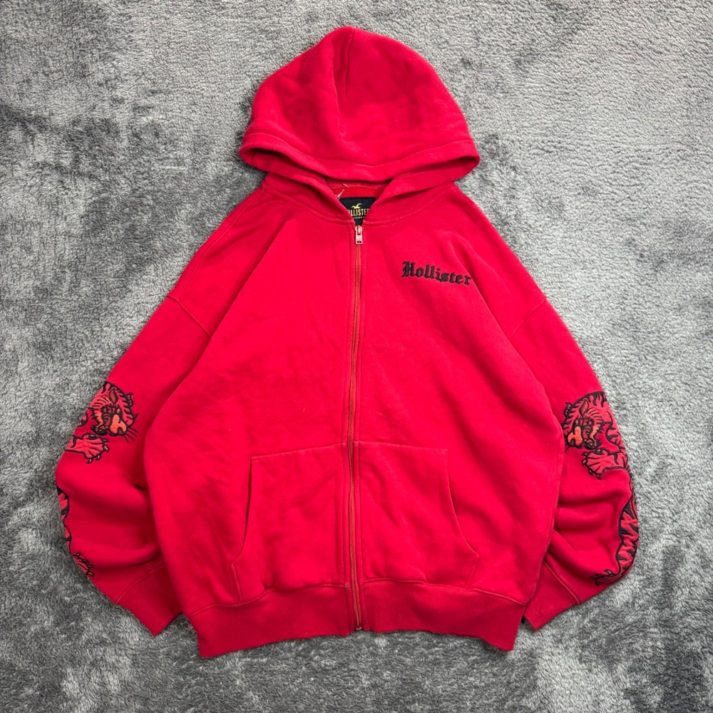 Hollister Mens Red Tiger Graphic Sleeve Zip Up Hoodie Gothic Logo Size M